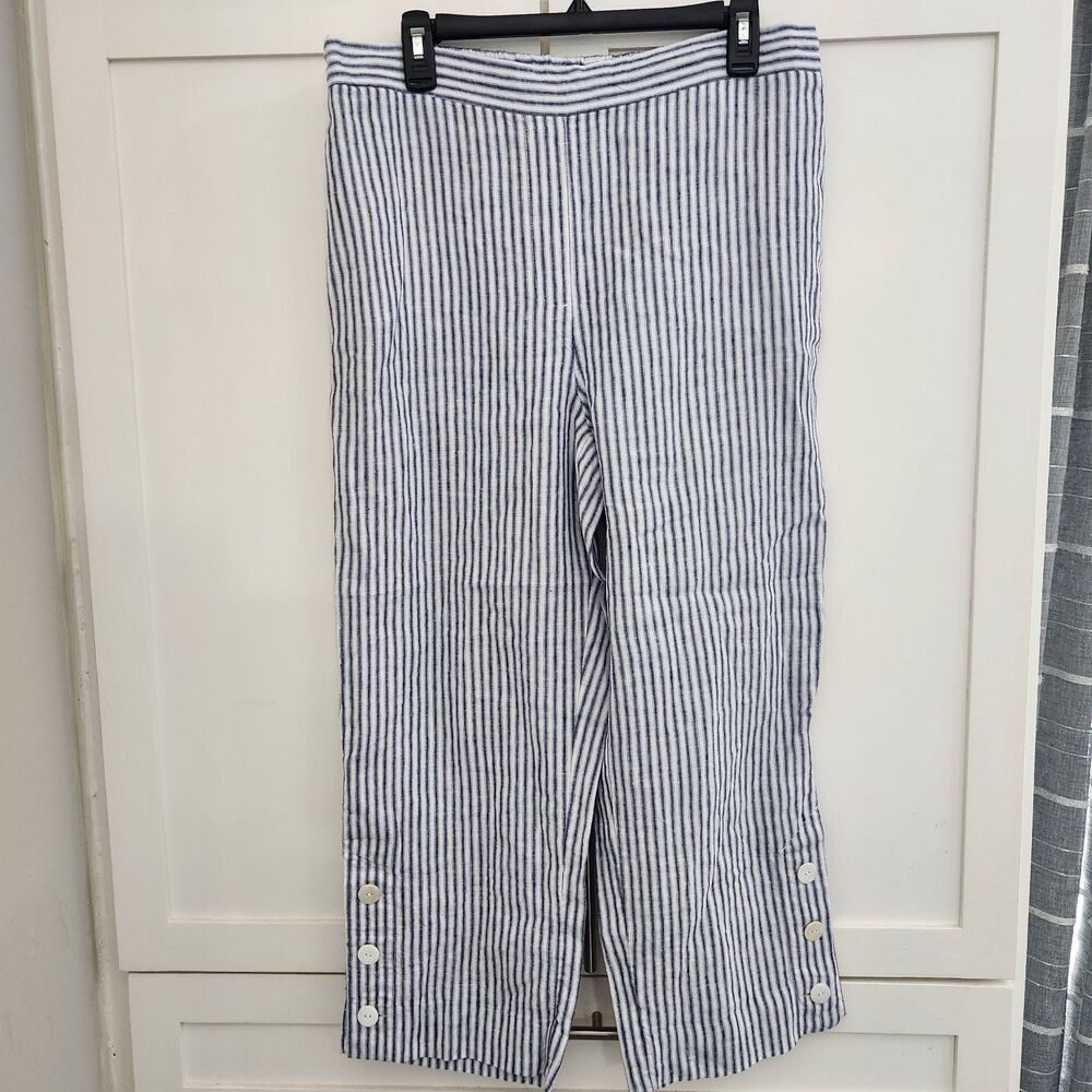 Chicos Linen Button Hem Striped Crop Ankle Straight Leg Pant Pull On 1.5 Size 10